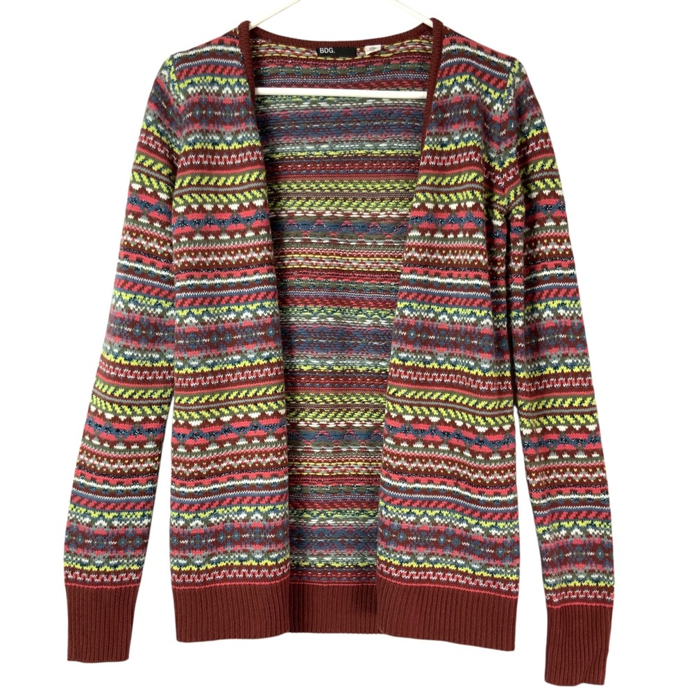 BDG Multicolor Fair Isle Cardigan M Open Front V-Neck Long Sleeve Metallic Trim